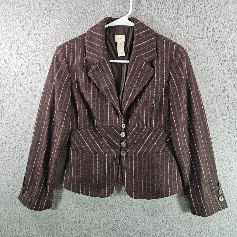 J Jill Petite 2P Brown Pinstripe Blazer Jacket Wool Blend Button Front Lined‎